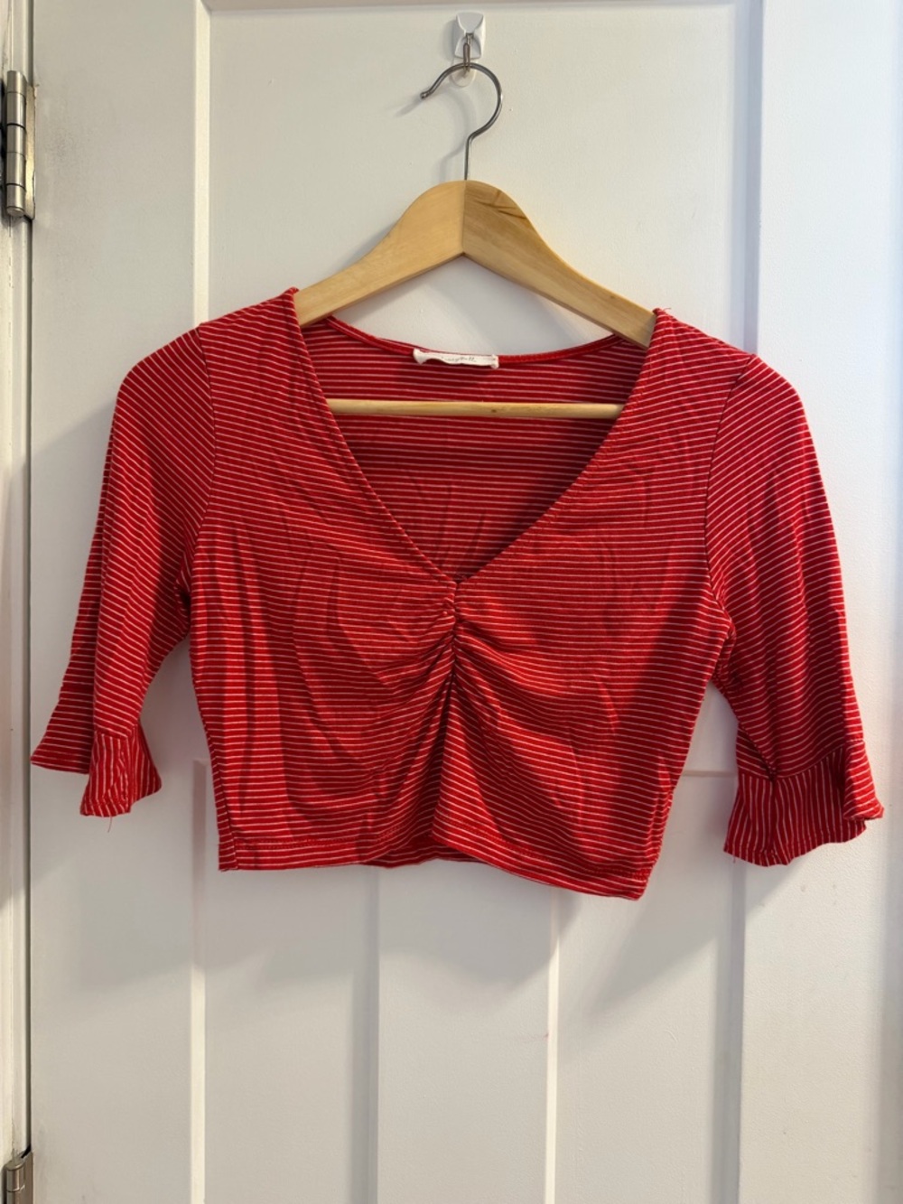 Honey Belle Red Striped Ruched V-Neck Crop Top